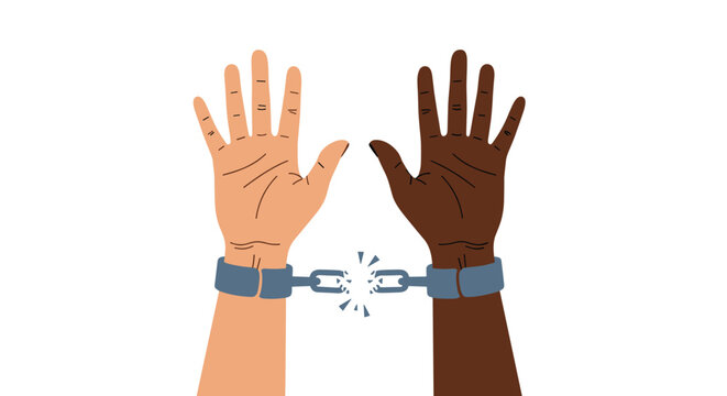 Two hands of different ethnicities joined by a broken handcuff chain symbolize freedom from slavery and promote racial equality.