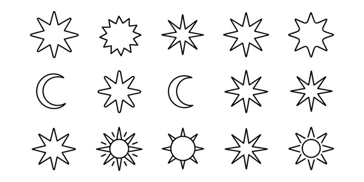 Black line of various starburst sun and moon shapes line black and white celestial  in white background
