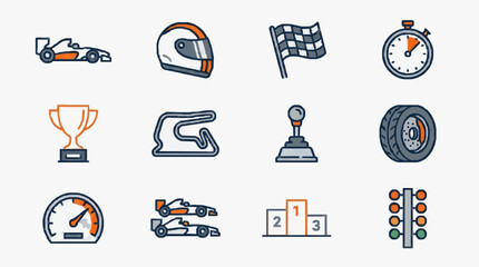 Naklejka premium Minimalist Racing Icons Collection Featuring Key Elements of Motorsport and Competition with high professional line art symbols for modern creative design and digital branding projects