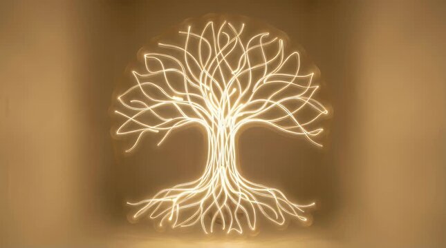 Illuminated glowing tree with roots on warm background