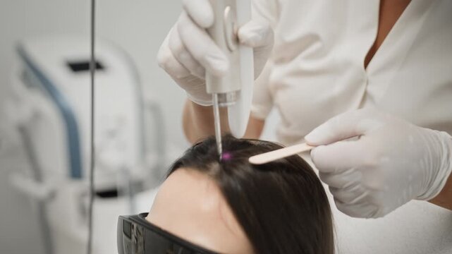 Tilt up of trichologist performing laser hair treatment on female patient scalp. Ideal for promoting advanced dermatology clinics and modern hair restoration services