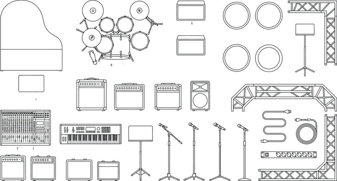 Event venue floor plan cad symbol set, top view seating and layout blocks for banquet halls, conference spaces and interior blueprint design