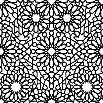Seamless geometric pattern with traditional islamic star and polygon motifs in black and white