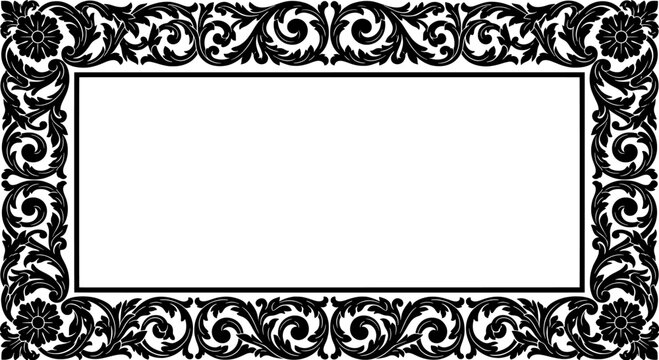 Black ornate floral filigree frame with vintage baroque style scrolls and acanthus leaf flourishes isolated on white background