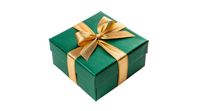 Square emerald green gift box wrapped with a shiny gold satin ribbon isolated on transparent background cut out