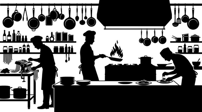 Professional chefs cooking in a busy commercial restaurant kitchen. Silhouettes of kitchen staff preparing food, making pasta and saut&eacute;ing with fire in a gourmet culinary setting