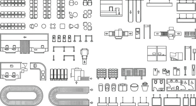 Interior space planning cad block vector set, top view layout symbols for seating, offices, classrooms and conference floor plan blueprint design