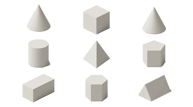 A collection of various white geometric 3d shapes presented as a clean minimalist vector illustration