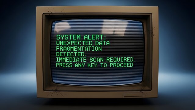 Old computer monitor displays a green system alert message about data fragmentation on a dark background.