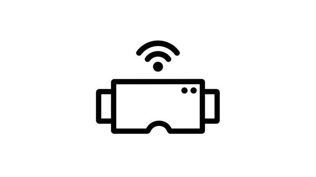 Glowing neon green VR headset icon with wireless wifi signal on black background. Futuristic virtual reality goggles line art for metaverse, gaming, and innovative tech concepts