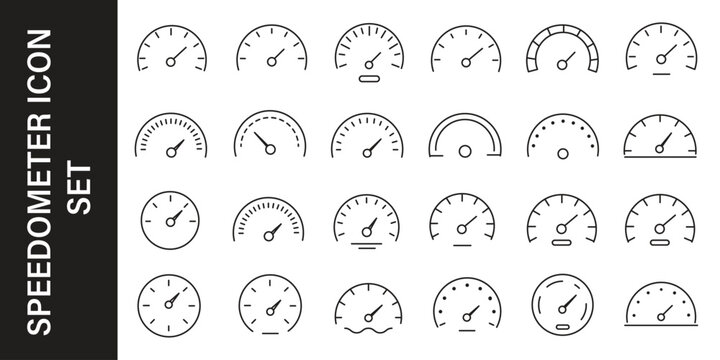 Speedometer Icon Set, speed indicator gauge dashboard tachometer scale, speedometer with arrow, editable stroke line vector illustration for vehicle, app, and dashboard design.