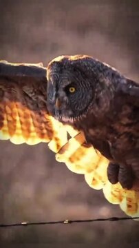 Great grey owl gliding through the air with majestic wings spread wide in this cinematic high resolution wildlife motion footage