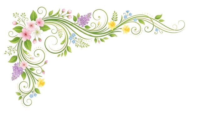 Elegant floral corner border featuring delicate spring blossoms including pink cherry blossoms purple lilac clusters and bright yellow daffodils intertwined with graceful green 