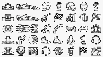 Naklejka premium Dynamic Icons Collection for Motorsport and Racing Equipment Apparel and Safety Gear with high professional line art symbols for modern creative design and digital branding projects