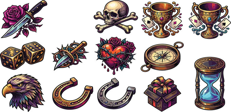 Vintage traditional tattoo flash vector element set featuring skull crossbones bleeding heart with barbed wire daggers eagle head dice and hourglass.