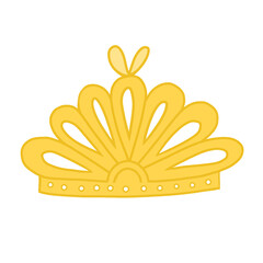 Elegant yellow gold tiara illustration, cartoon princess crown with loops and butterfly icon isolated on white background © Desidai