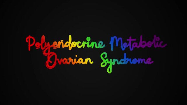 Polyendocrine Metabolic Ovarian Syndrome One line continuous animated typography intro outro animation video, hand drawn calligraphy lettering monoline vintage hand drawing rainbow type on black backg