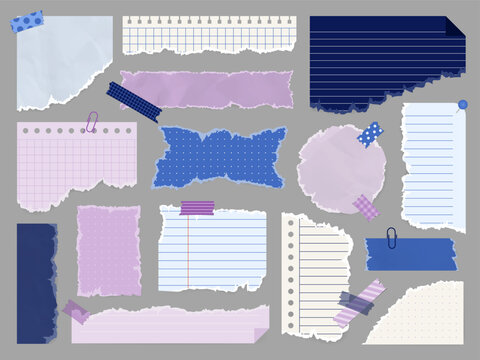 Blue and purple torn paper collection with ripped notebook scraps, tape accents and paper clips. Suitable for educational materials, presentations, planners and digital content design.