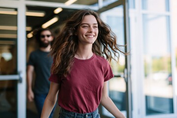 Fototapeta premium Joyful young woman walking out of a campus entrance smiling and carefree for lifestyle background and education banner design