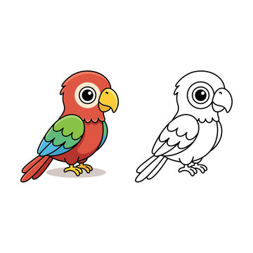 Cute cartoon parrot macaw bird with coloring page vector