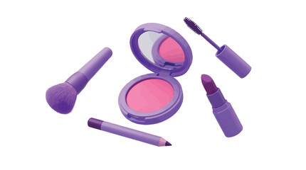 Naklejka premium Detailed vector illustration of purple makeup items including blush compact lipstick mascara brush and eyeliner pencil