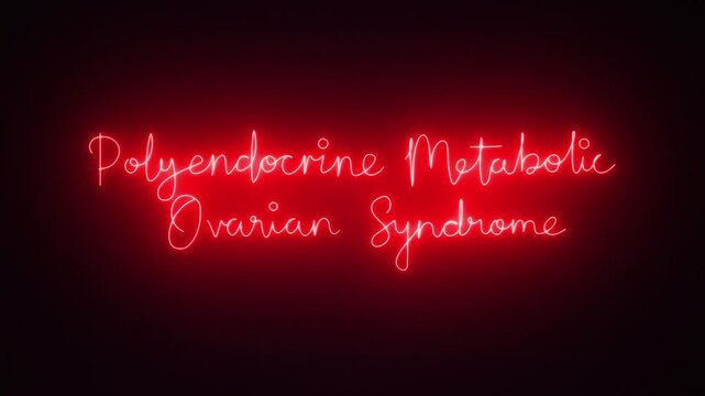 Polyendocrine Metabolic Ovarian Syndrome text word lettering typography red neon Sign logo video animation, bright glowing element light banner board video in dark black alpha matte background PMOS