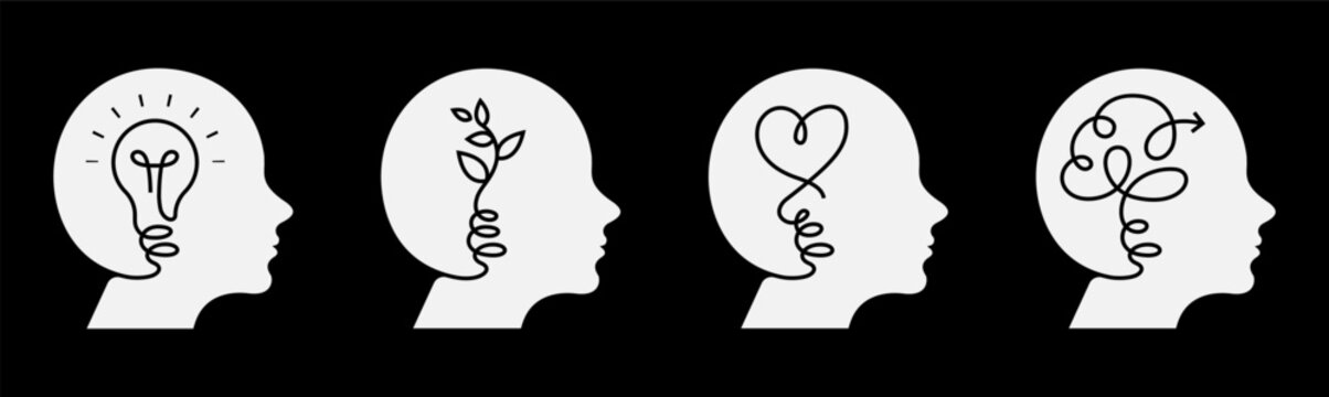 Set of human head silhouette icons representing creativity, innovation, growth mindset and problem solving vector illustration