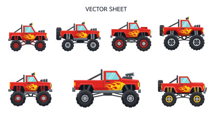 Red monster trucks with flame decals and oversized tires © melia