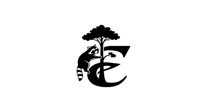 Stylized raccoon and tree logo design in black and white.