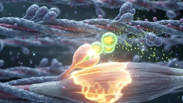 Conceptual 3D animation of biceps contraction with ATP molecules
