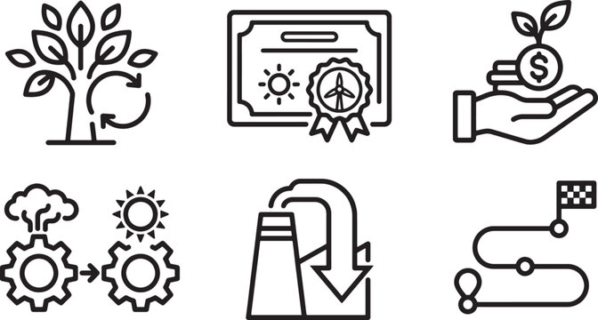 Set of line icons representing sustainability green energy and environmental business concepts.