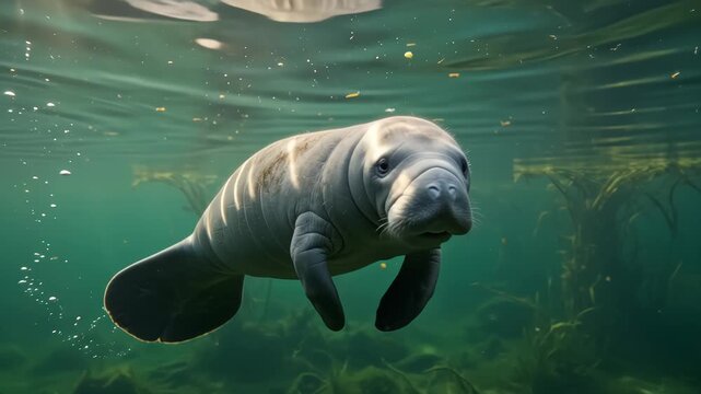 Manatee sweet litle baby calf swimming in green water in natural habitat. Underwater marine wildlife. Beautiful aquatic animals. Snorkeling manatees. Animals in Singapore oceanarium. Diving tourism. 