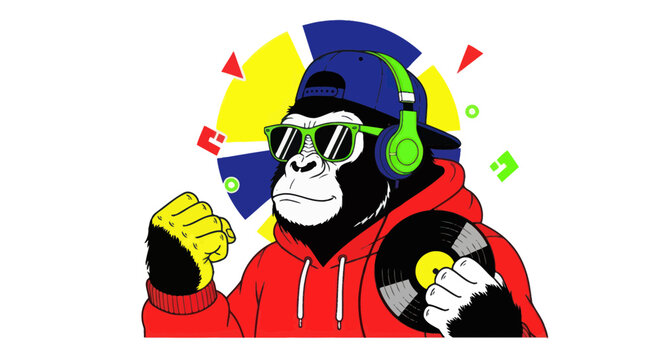 Cool gorilla dj in red hoodie and sunglasses holding vinyl record