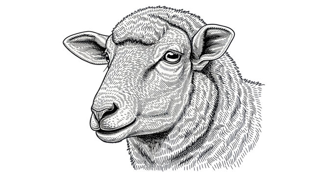 Sheep head in vintage woodcut etching style