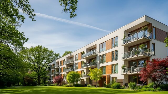 Modern apartment building with balconies set against a clear blue sky with green trees and lawn