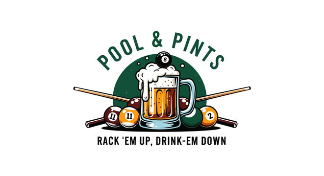 Pool & Pints Logo: Billiards Balls, Beer Mug, Cues, and Slogan