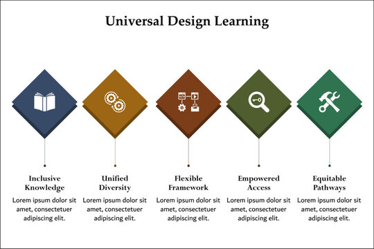 Five aspects of universal Design learning. Infographic template with icons and description placeholder