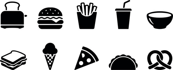 Naklejka premium Flat black and white food icons set with toaster and drinks