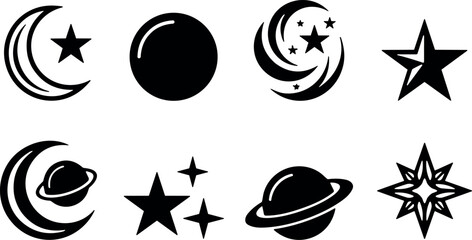 Set of celestial and cosmic icons with stars, moons, and planets in black and white © Md