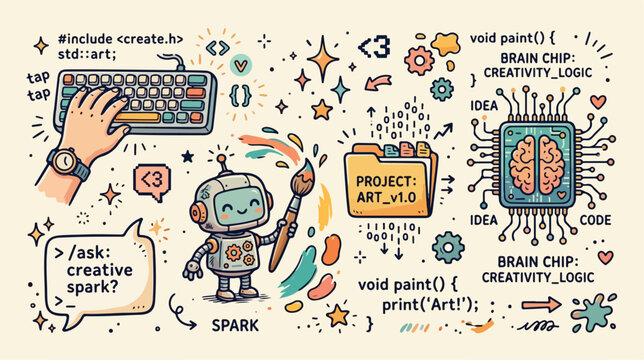 Robot with creative coding symbols around.