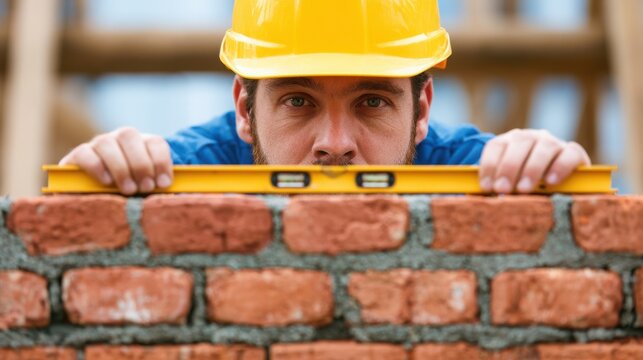 Construction worker in yellow hard hat checking brick wall level