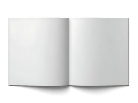 Open blank book with white pages against a clean white background during studio lighting for design concepts