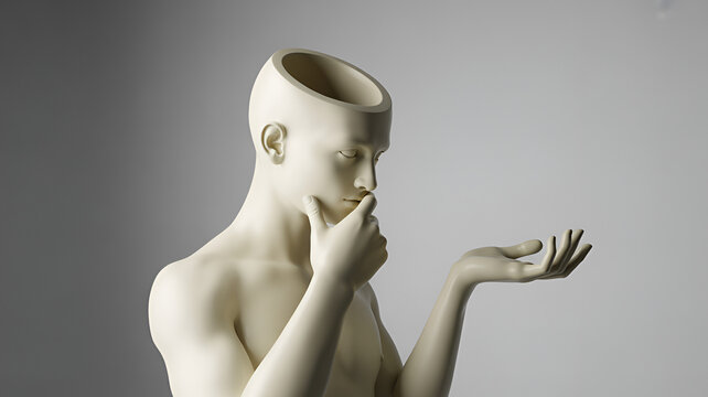 A white mannequin head with an open section, posing in a thoughtful gesture with one hand touching the chin and the other hand extended