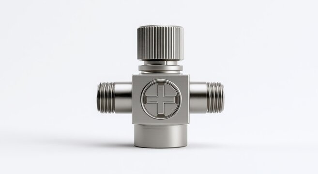 A silver metal pipe fitting with a cross shaped handle on a white background