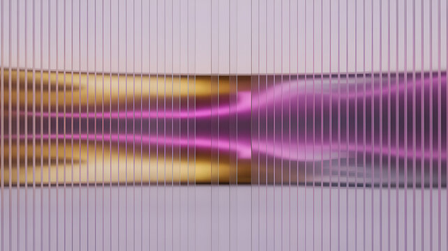 Abstract background, with vertical glass, slats and a, glowing pink and, gold light streak, light refraction through, textured ribbed glass panels