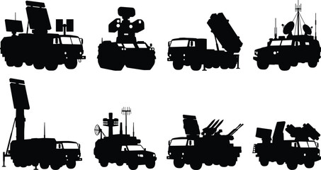 Obraz premium Military Missile Defense Vehicle Silhouette Set - Radar Trucks and Air Defense Systems Collection