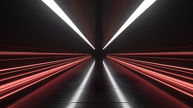 Abstract tunnel corridor with glowing white overhead lights and parallel red laser light streaks running along the dark reflective floor surface