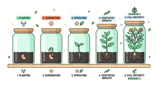 Plant Growth Stages in Jars Illustration.