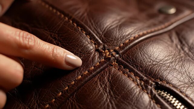 A close-up of a finger running along the seam of a leather jacket to assess its texture and quality. The concept of meticulous craftsmanship, attention to detail, and high-quality finishing highlights