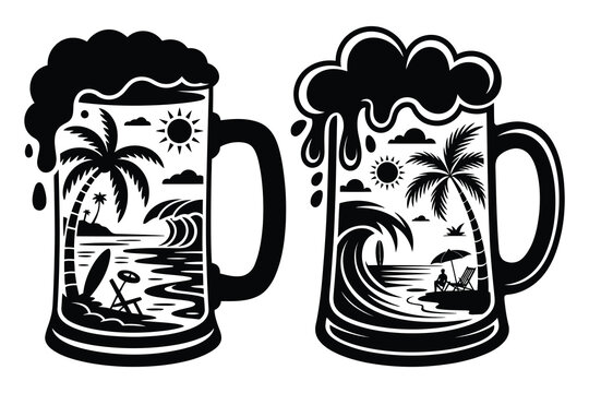 Beer mugs with tropical beach scenes, palm trees, waves and surfboards, black glass